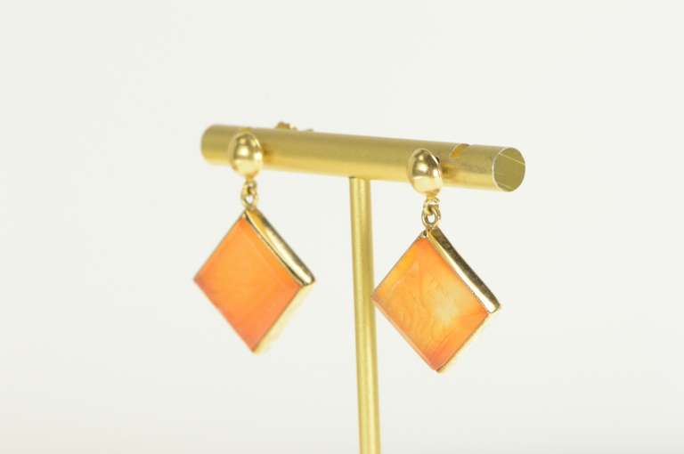 14K Yellow Gold Carved Arabic Carnelian Square Dangle Earrings