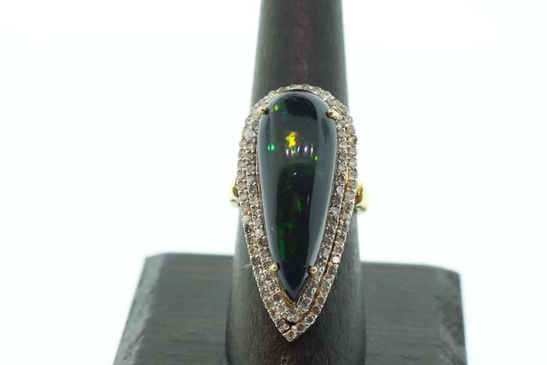 Slender Opal Ring with Gold Plated Silver and Diamond Accents
