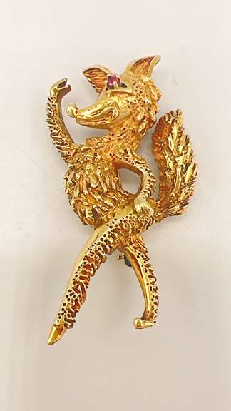 14kt Solid Yellow Gold Fancy Fox Pin with Ruby Gemstone Eyes