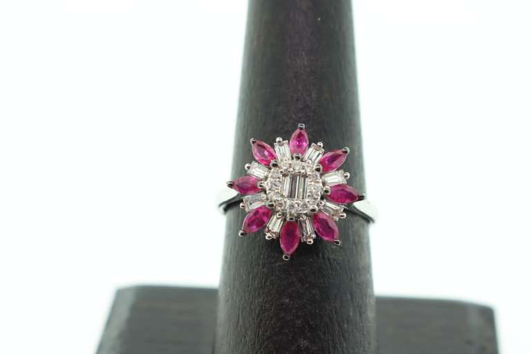 Bold Ruby and Diamond Patterned 18k White Gold Ring