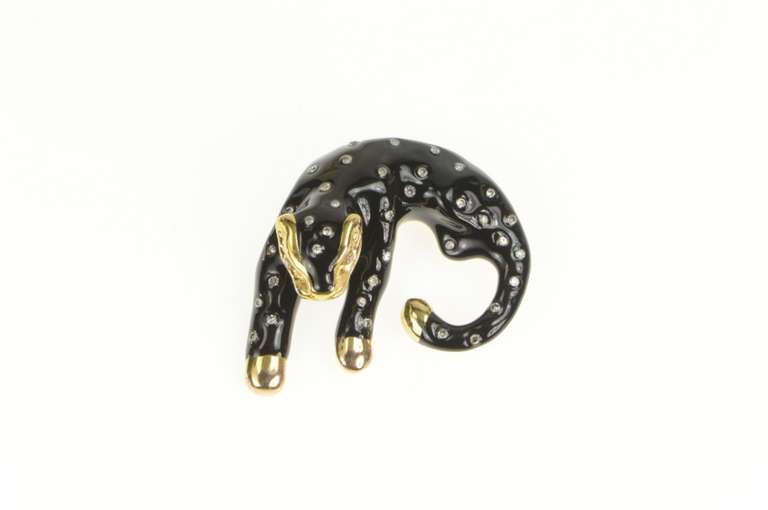 14K Yellow Gold Black Enamel Rhinestone Leopard Jaguar Pendant