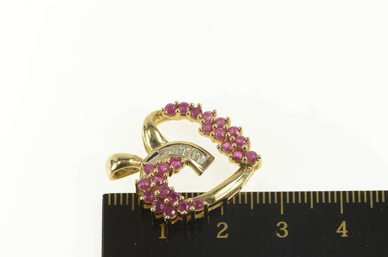 10K Yellow Gold 1.40 Ctw Baguette Diamond Ruby Heart Love Pendant