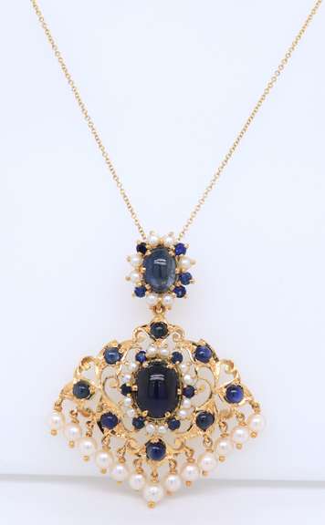 Wonderful Yellow Gold oval Cab Sapphire with Sapphire and Saltwater Pearls Pendant on Chain