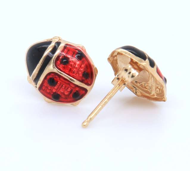 Cute Yellow Gold Enamel Lady Bug Earrings