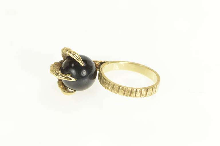 14K Yellow Gold 1940's Black Cat's Eye Dragon Eagle Claw Ring