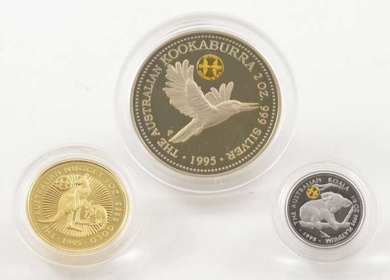 1995 Australia Silver, Platinum, Gold 3 Coin Proof Set Case & COA