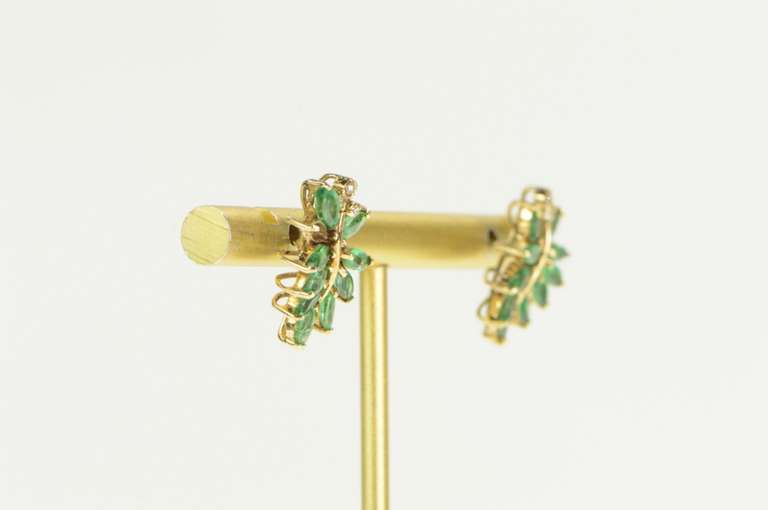 14K Yellow Gold Marquise Emerald Diamond Wavy Cluster Earrings