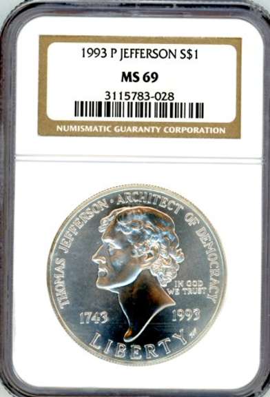 1993-P Jefferson BU Commemorative Silver Dollar in NGC MS69