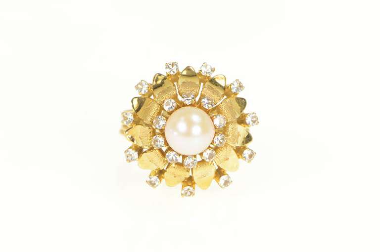 14K Yellow Gold 1950's Retro Pearl CZ Cocktail Halo Cluster Ring