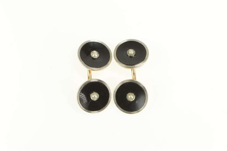 14K Yellow Gold Art Deco Black Onyx Seed Pearl Round Cuff Links