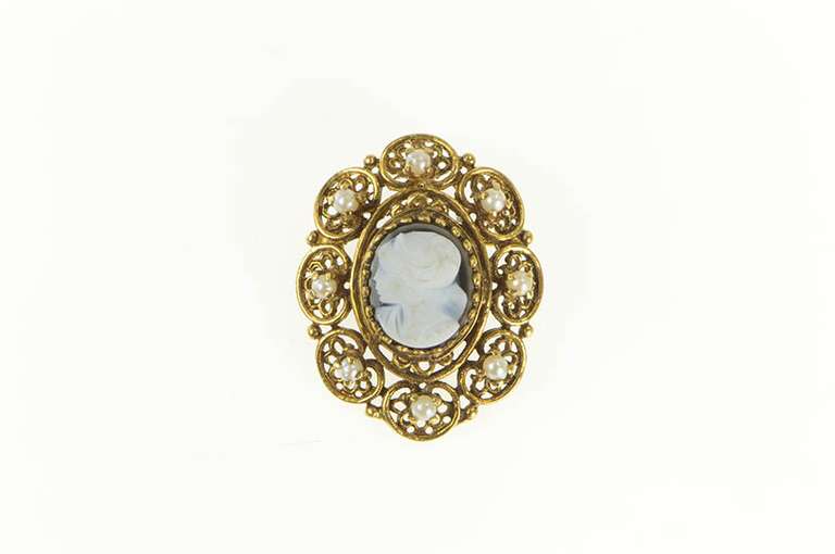14K Yellow Gold Carved Cameo Seed Pearl Filigree Halo Pin/Brooch