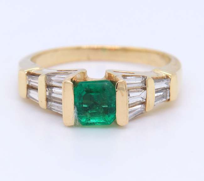 Fantastic Yellow Gold Emerald and Baguette Diamond Cocktail Ring