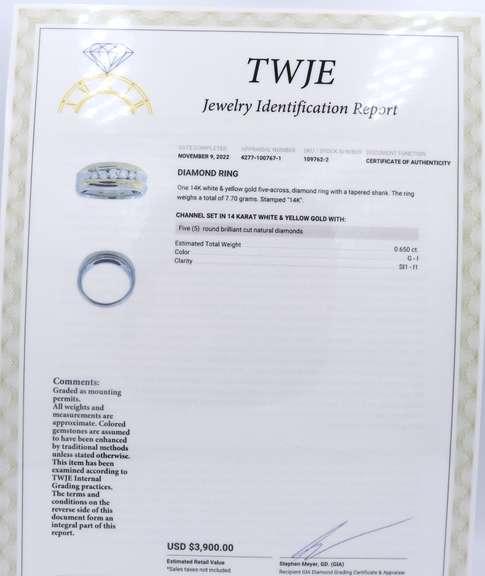 Elegant Yellow and White Gold Five across Diamond Men's Ring