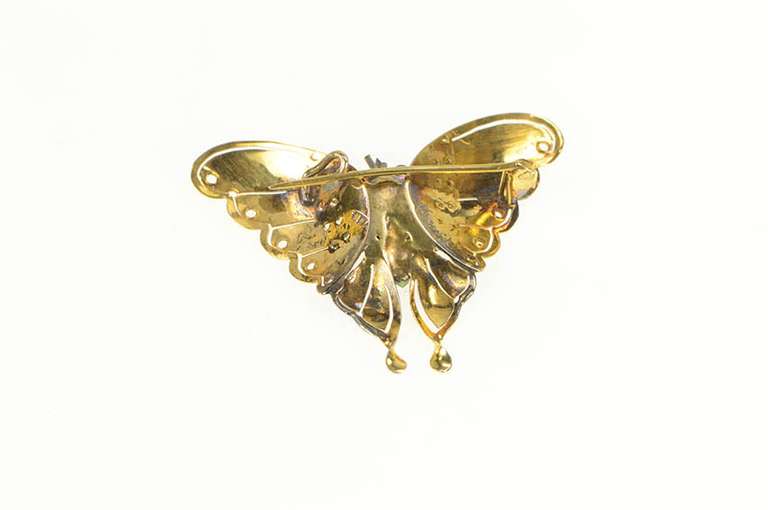 14K Yellow Gold 1950's Jade Pearl Syn. Ruby Butterfly Pin/Brooch