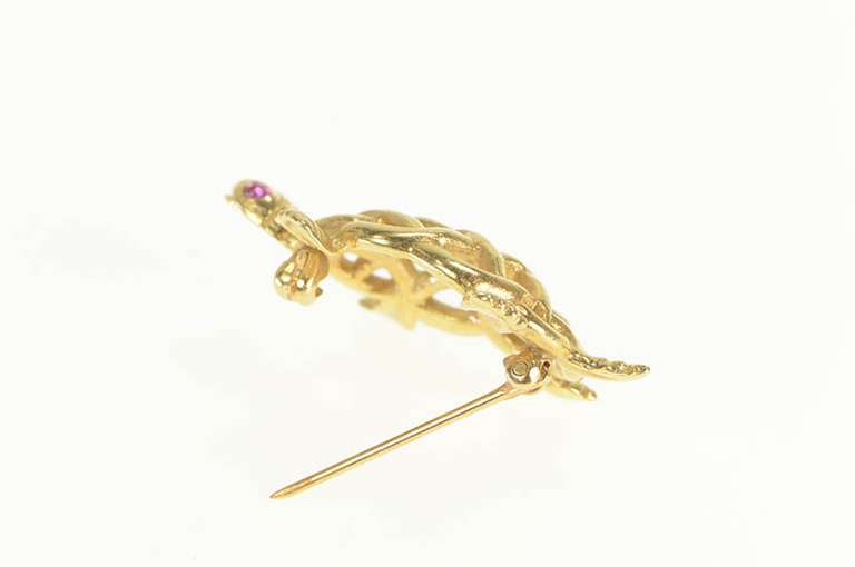 14K Yellow Gold Ruby Eyed Turtle Woven Tortoise Celtic Knot Pin/Brooch