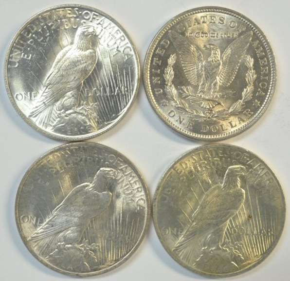 Choice BU 1921 Morgan and 1922 to 1924 Peace Dollars. 4pcs