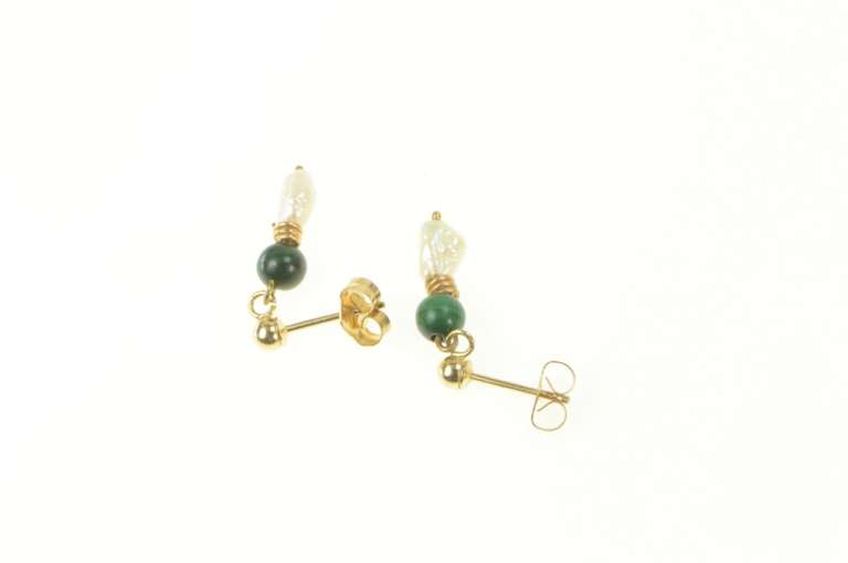 14K Yellow Gold Pearl Malachite Beaded Dangle Vintage Earrings
