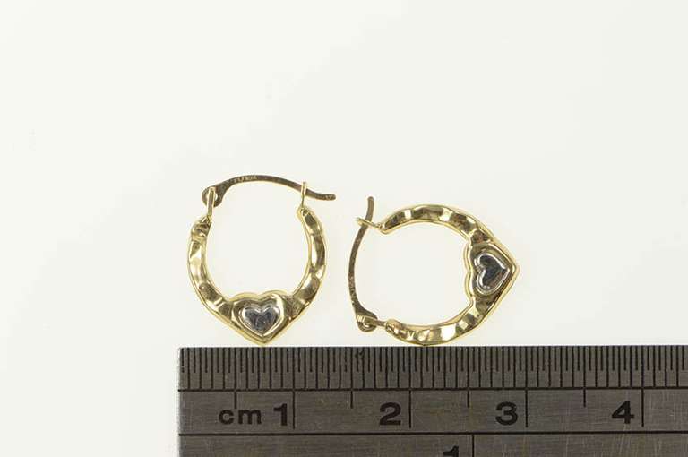 10K Yellow Gold Two Tone Heart Pattern Puffy Hoop Earrings