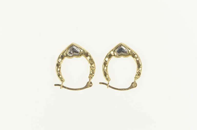 10K Yellow Gold Two Tone Heart Pattern Puffy Hoop Earrings