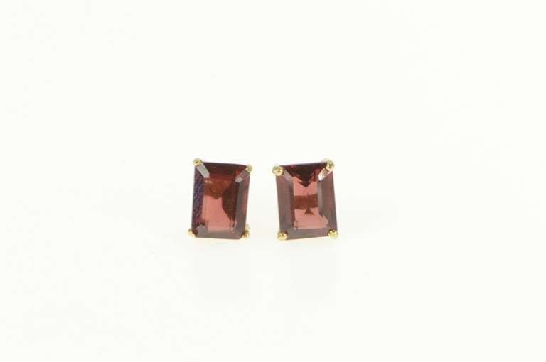 14K Yellow Gold Classic Emerald Cut Garnet Solitaire Stud Earrings