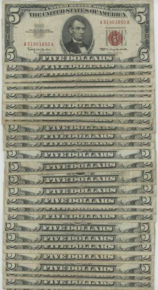 Larger lot 30 mixed 1953 & 1963 $5 Red Seal Notes