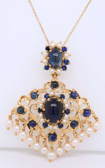Wonderful Yellow Gold oval Cab Sapphire with Sapphire and Saltwater Pearls Pendant on Chain