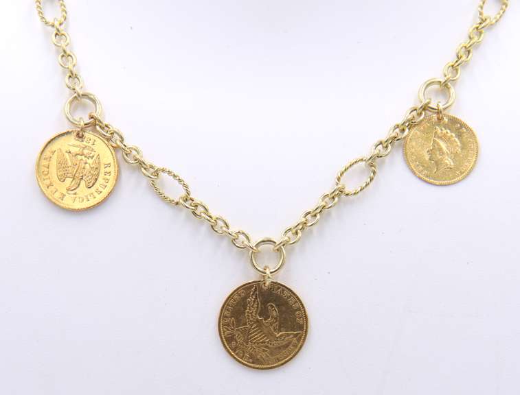 Fancy Link Necklace with 22k Antique Gold Coin Charm