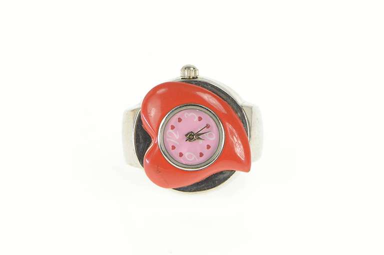 Stainless Steel Retro Red Enamel Heart Unique Watch Ring