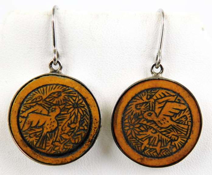 950 Sterling Earrings with Carved Wood Disks