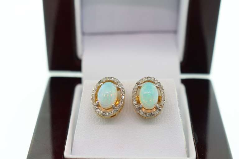14kt Gold Plated Sterling Silver, Opal, & Diamond Earrings