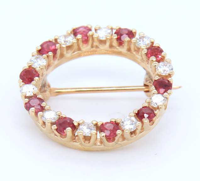 Charming Yellow Gold Ruby and Diamond Pin