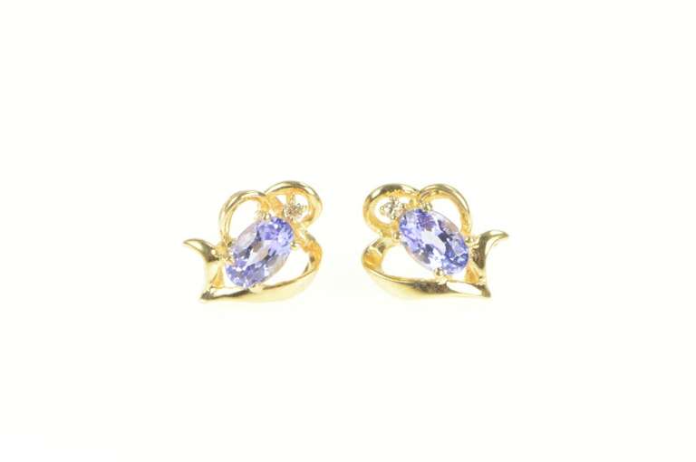 14K Yellow Gold Oval Tanzanite Diamond Accent Heart Stud Earrings