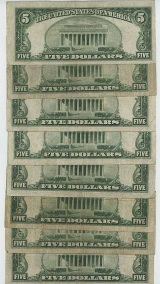 8 Series of 1934 $5 Blue Seal Silver Certificates. Circs