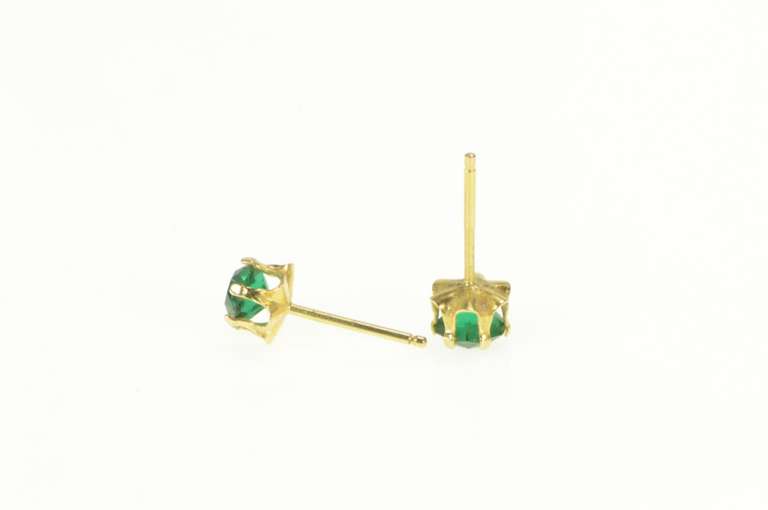 14K Yellow Gold Round Sim. Emerald Vintage Solitaire Stud Earrings