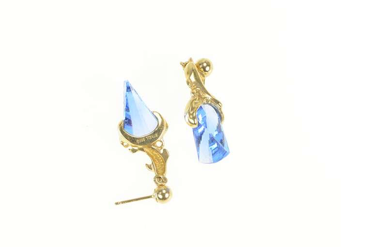 14K Yellow Gold Fantasy Cut Syn. Sapphire Dangle Statement Earrings