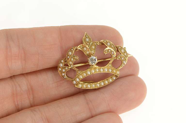 14K Yellow Gold Victorian Diamond Seed Pearl Crown Pin/Brooch