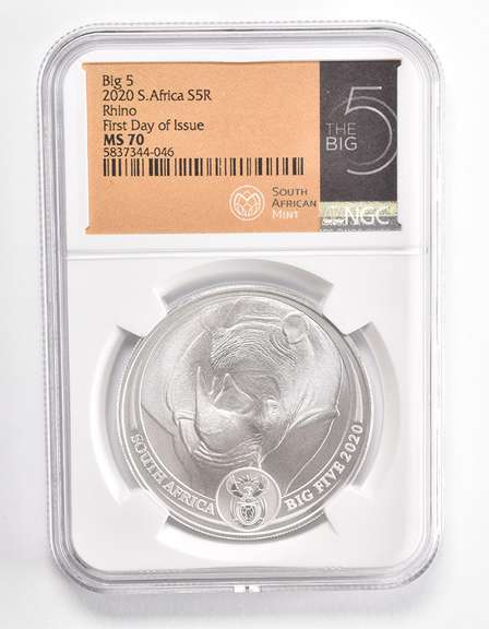 MS70 2020 South Africa 5 Rand 1 Oz .999 Fine Silver Rhino FDOI NGC