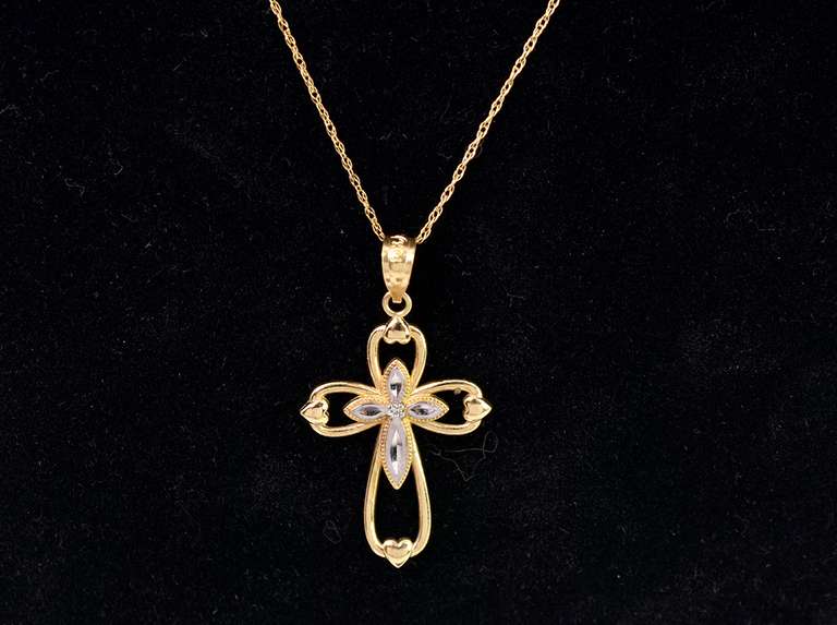 Gorgeous Cross and Heart Pendant Necklace in Yellow Gold