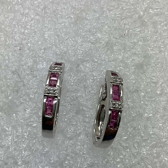 14K WHITE GOLD LOOP EARRINGS WITH RUBIES AND DIAMONDS