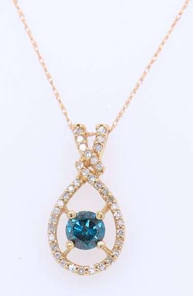 Fantastic Yellow Gold Blue Diamond and White Diamond Crossover Pendant on Chain