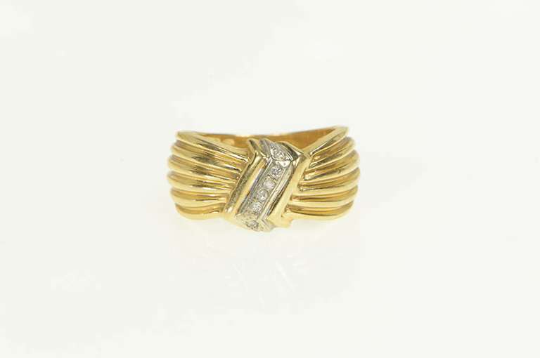 14K Yellow Gold Grooved Diamond Zig Zag Inset Statement Ring