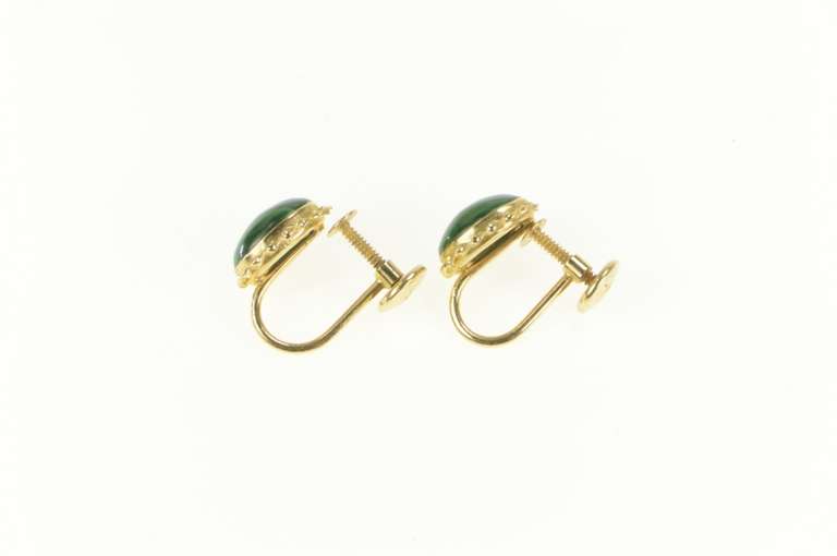 14K Yellow Gold Oval Malachite Cabochon Screw Back Vintage Earrings