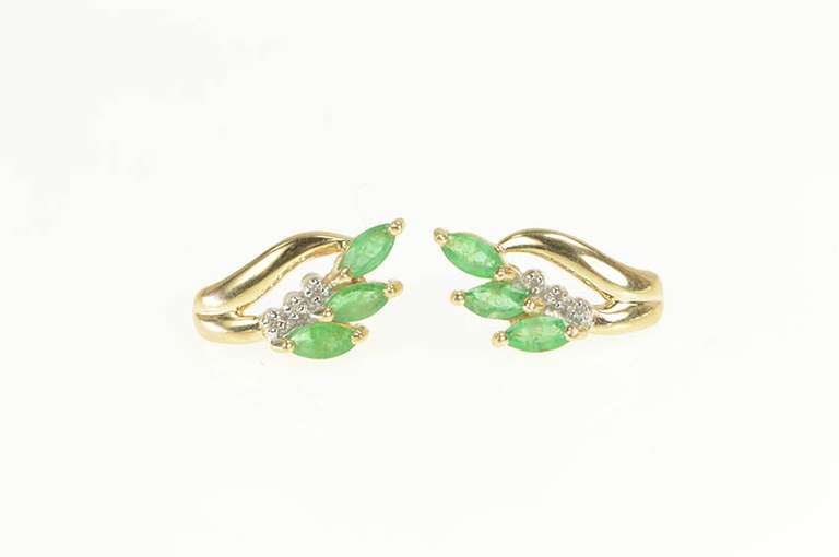 10K Yellow Gold Marquise Emerald Diamond Curved Cluster Earrings