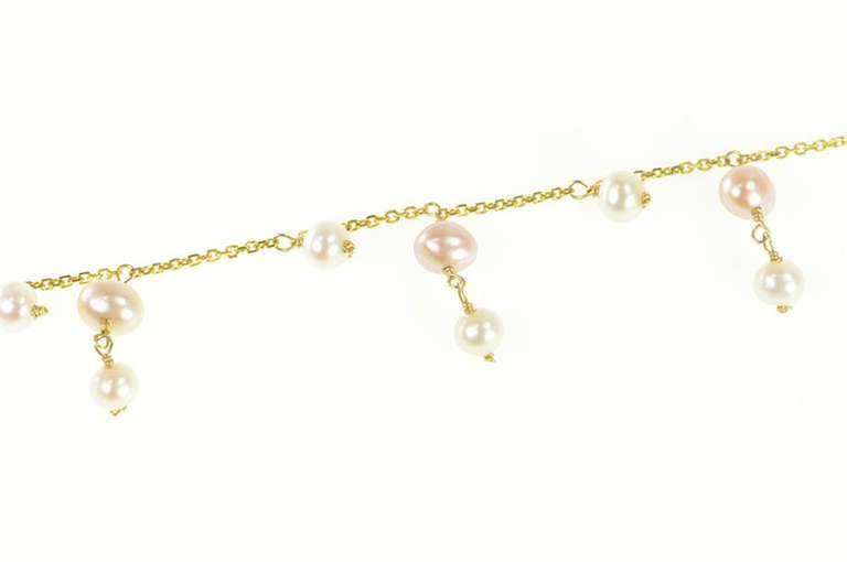 14K Yellow Gold Pearl Fringe Beaded Statement Chain Link Necklace