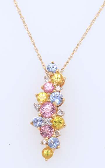 Charming Yellow Gold Multi Color Sapphire Pendant on Chain
