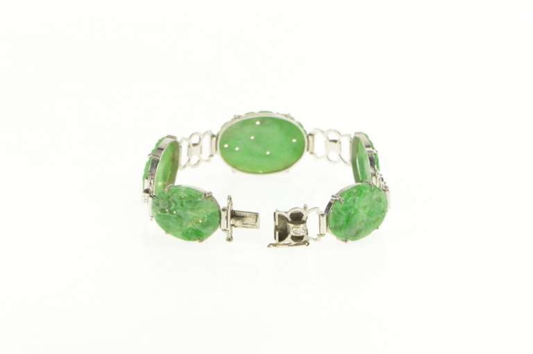 14K White Gold Carved Oval Floral Jade Elaborate Statement Bracelet