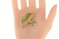 18K Yellow Gold Ruby Sapphire Floral Enamel Umbrella Pin/Brooch