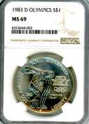 1983-D Olympics BU Commemorative Silver Dollar in NGC MS69