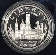 1996 Proof Smithsonian Institution 150th Anniversary Commemorative Silver Dollar.