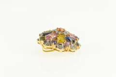 14K Yellow Gold Round Natural Sapphire Diamond Flower Cluster Pendant